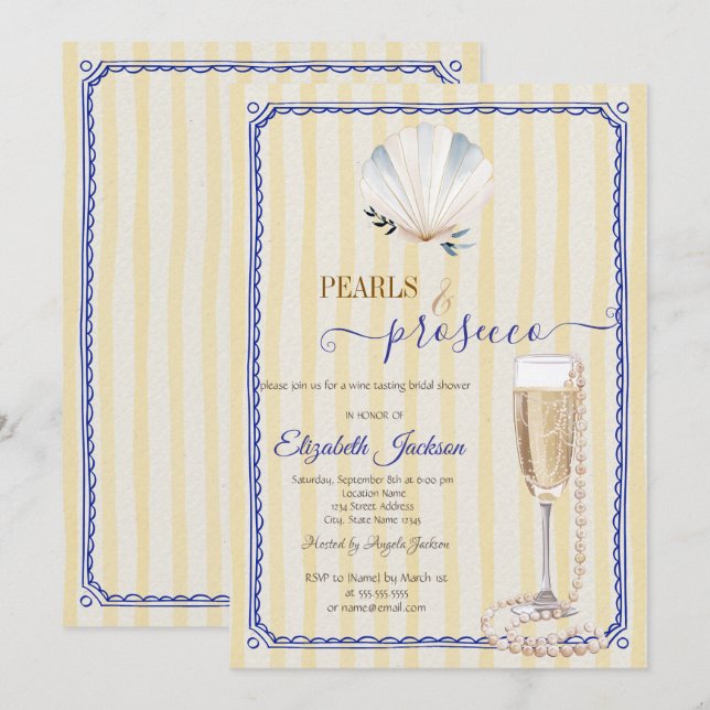 Seashell Pearls & Prosecco Gult Stripe Inbjudningar (Fram/baksida)