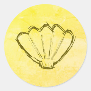 Seashell Sketch på gammal Papper Runt Klistermärke