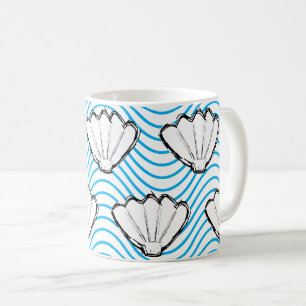 Seashell Sketch White and Blue Wave Mönster Kaffemugg