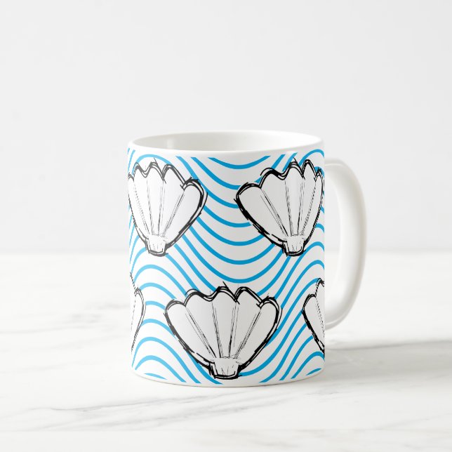 Seashell Sketch White and Blue Wave Mönster Kaffemugg (Framsida höger)