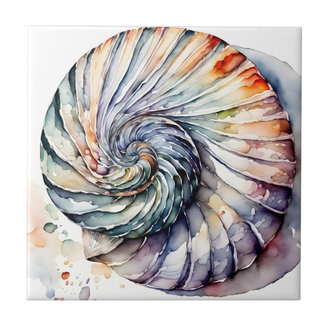 Seashell Snäcka Nautilus Design 357 Vattenfärg Kakelplatta (Framsidan)