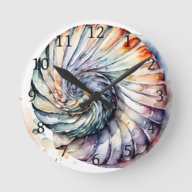 Seashell Snäcka Nautilus Design 357 Vattenfärg Rund Klocka (Framsida)