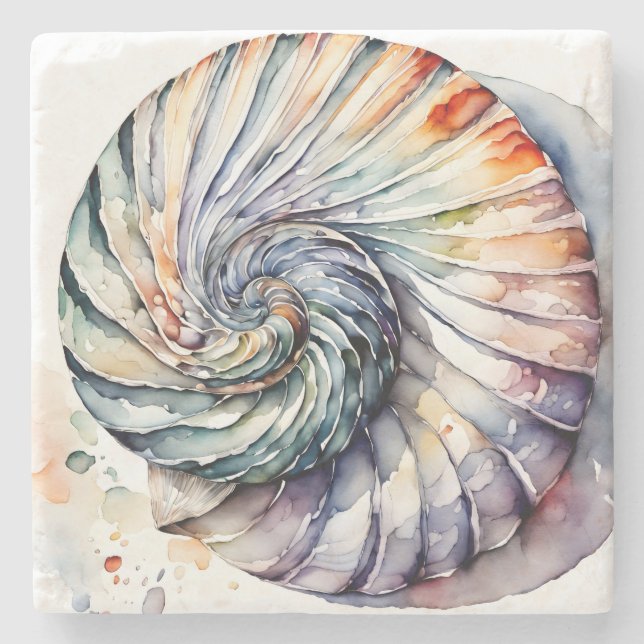 Seashell Snäcka Nautilus Design 357 Vattenfärg Stenunderlägg (Framsidan)