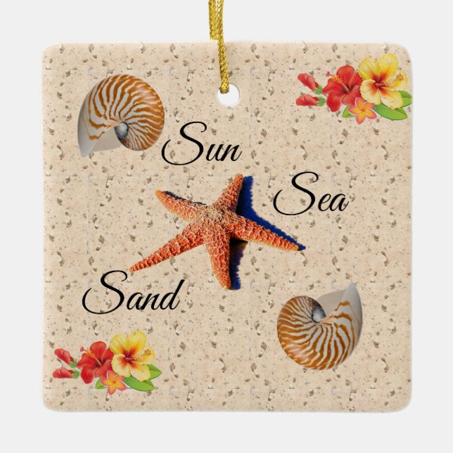 Seashell, sol, sand julgransprydnad keramik (Framsida)