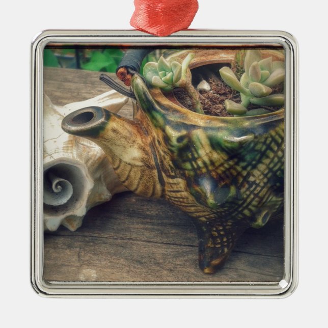 Seashell Tea Kettle planterad med succulents Julgransprydnad Metall (Framsidan)