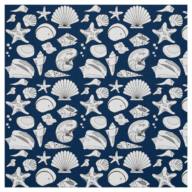 Seashell Teckning White Navy Blue Nautical Tyg (Provkarta)