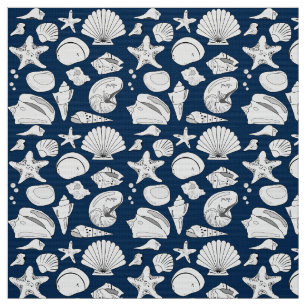 Seashell Teckning White Navy Nautical Tyg