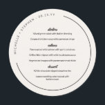 Seashell White Charcol Curved Namn Round Meny<br><div class="desc">Runt bröllop-meny i årstidsvit med modernt och trendig kol typsnitt och ditt namn och bröllop-datum i en böjd text längs kant på bröllop-menyn. Dekorera tallrikar vid bröllop med den här benvita rundmenyn med mörk charkol typsnitt personlig med starttecken, poster, dessert och datum för namn och bröllop i en böjd text....</div>