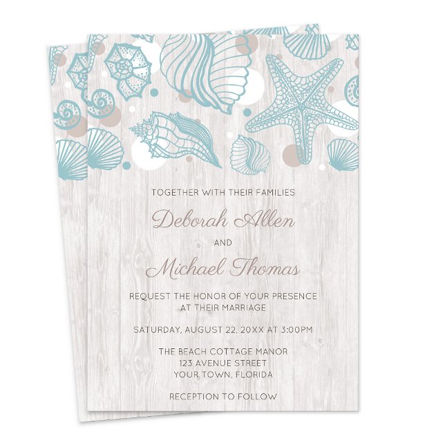 Seashell Whitewzed Wood Beach Wedding bjudande Inbjudningar (Seashell Whitewashed Wood Beach Wedding Invitations from Artistically Invited on Zazzle.)