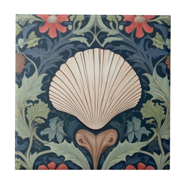 Seashell William Morris stil oceanen Temad blommig Kakelplatta (Framsidan)