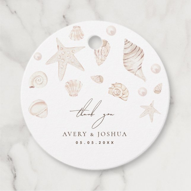 Seasheller och Pearls kustnära Bröllop Tack Gåvor Etiketter (Framsida)