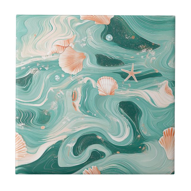 Seashells and Ocean Waves Pattern (6) Kakelplatta (Framsidan)