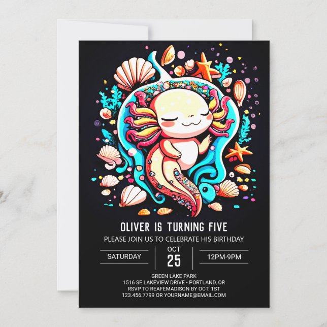 Seashells Axolotl Whimsical Birthday Inbjudningar (Framsida)