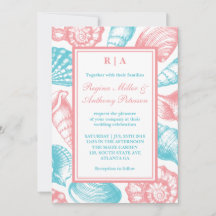 Seashells Beach bröllopsinbjudan Rosa Blue White