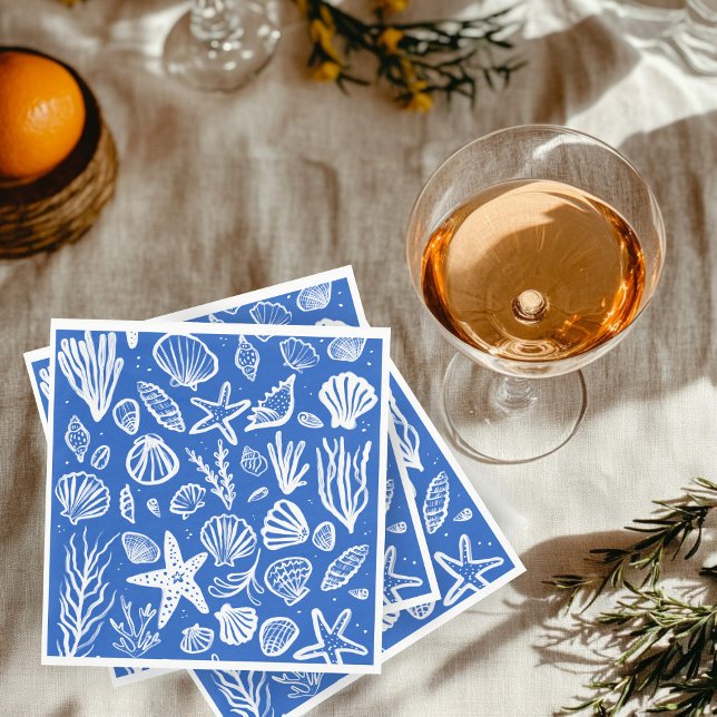 Seashells Beach WedBlue White Cute Seaside Pappersservett (Seashells Beach Wedding Blue White Cute Seaside Napkins
)