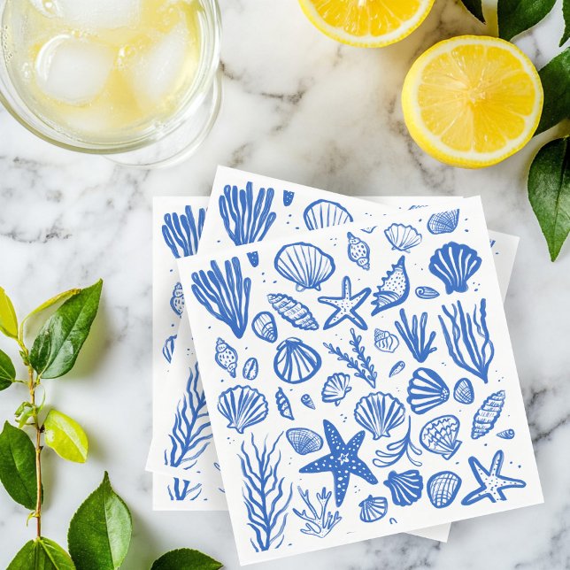 Seashells Beach WedBlue White Cute Seaside Pappersservett (Seashells Beach Wedding Blue White Cute Seaside Napkins
)