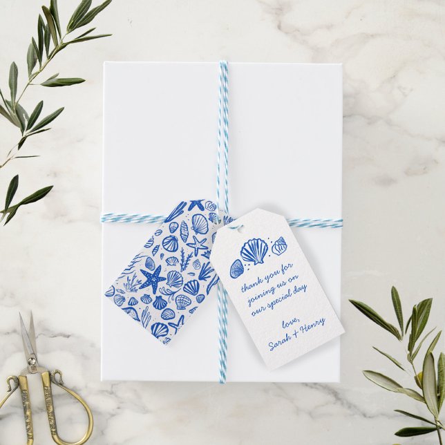 Seashells Beach WedBlue White Cute Seaside Presentetikett (Seashells Beach Wedding Blue White Cute Seaside Gift Tags
)
