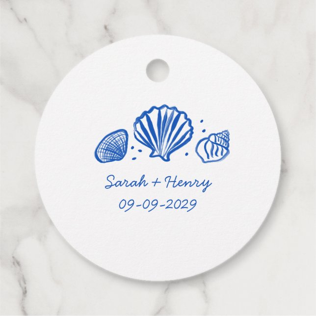 Seashells Beach Wedding Blue White ANPASSNINGSBAR Gåvor Etiketter (Baksida)