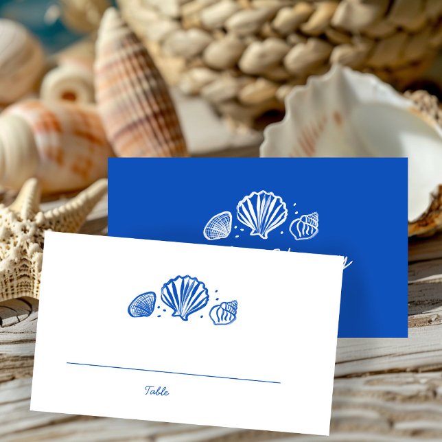Seashells Beach Wedding Blue White ANPASSNINGSBAR Placeringskort (Seashells Beach Wedding Blue White CUSTOM Place Card
)
