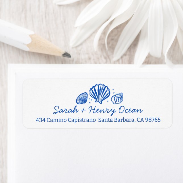Seashells Beach Wedding Blue White CUSTOM Address Returadress Etikett (Insitu)