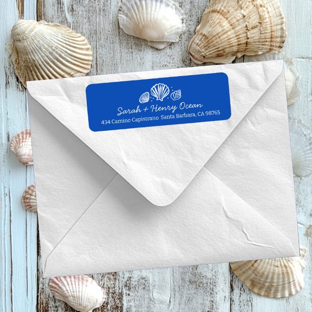 Seashells Beach Wedding Blue White CUSTOM Address Returadress Etikett (Seashells Beach Wedding Blue White CUSTOM Return Address Label
)