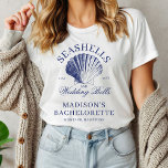 Seashells & Bröllop Klockor Bachelorette T Shirt<br><div class="desc">Få redot att fira den blivande bruden med ett oförglömligt helg vid havet! Vi presenterar vår "Seashells and Bröllop Klockor"-utformning av bachelorette helg, skapat att göra varje ögonblick av firande så speciellt som bruden själv. Den här eleganten har en vintage som inspirerat marinblått hand plockade illustration av ett årstidsförlopp på...</div>