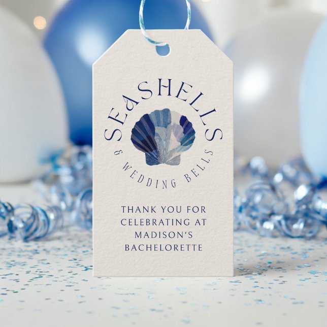 Seashells Bröllop Klockor Blue Beach Wedand Presentetikett (Skapare uppladdad)