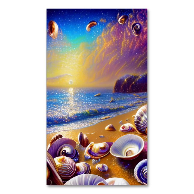 Seashells Clams Crabs Beach Scenery Galaxy Magnetiska Visitkort (Framsida vertikal)
