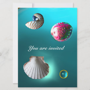 SEASHELLS DAMASK GEM BEACH WEDDING Blue aquamarine Inbjudningar