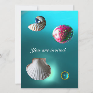 SEASHELLS DAMASK GEM BEACH WEDDING Blue aquamarine Inbjudningar