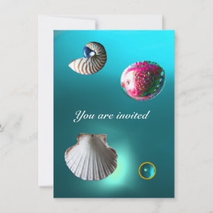 SEASHELLS DAMASK GEM BEACH WEDDING Blue aquamarine Inbjudningar