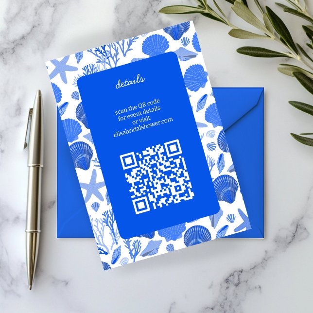 Seashells Möhippa Chic Blue Beach ANPASSNINGSBAR Q Tilläggskort (Seashells Bridal Shower Chic Blue Beach CUSTOM QR Enclosure Card
)