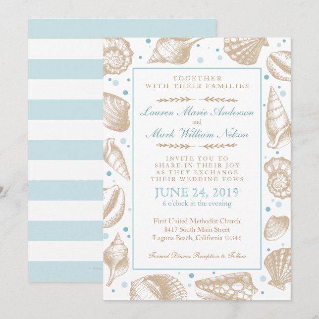 Seashells Nautical Beach Wedding Aqua/Tan Inbjudningar (Fram/baksida)