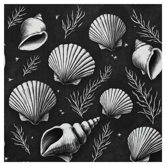 Seashells och Sjögräs i Black and White Tyg (Provkarta)