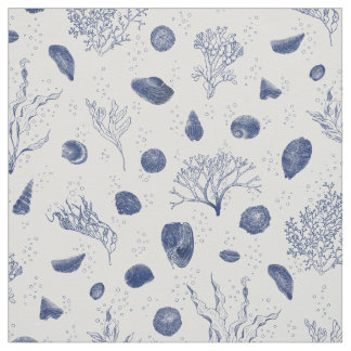 Seashells och Sjögräs Navy och White Fabric Tyg