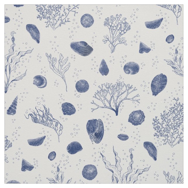 Seashells och Sjögräs Navy och White Fabric Tyg (Provkarta)