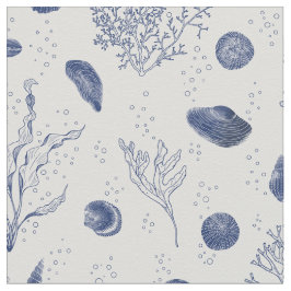 Seashells och Sjögräs Navy och White Fabric Tyg