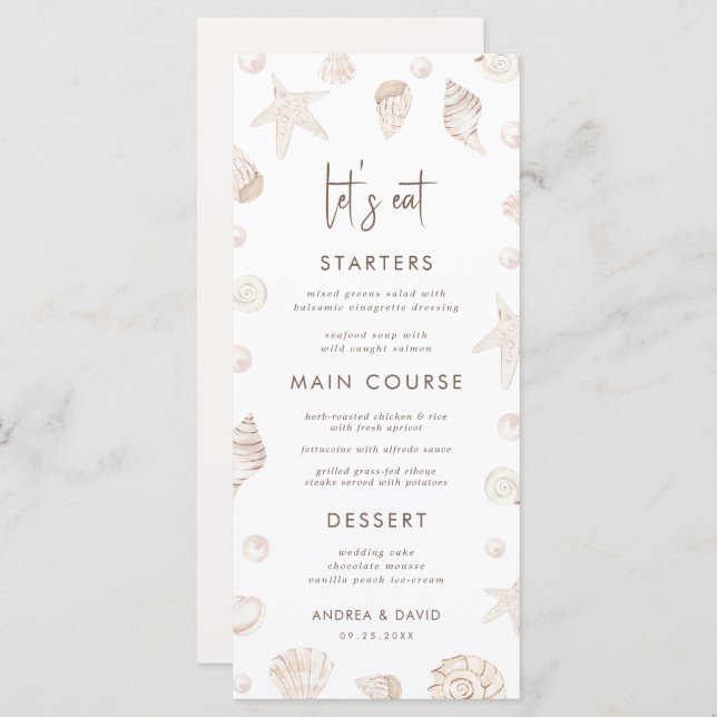 Seashells & Pearls Coastal Beach Seafront Wedding  Meny (Fram/baksida)