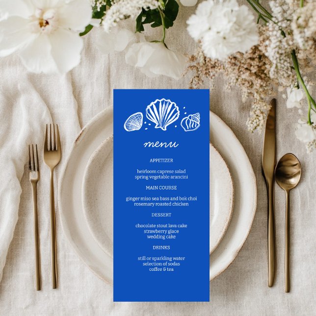 Seashells Ram Beach Wedand ANPASSNINGSBAR Party Meny (Seashells Frame Beach Wedding CUSTOM Party Menu Blue White
)