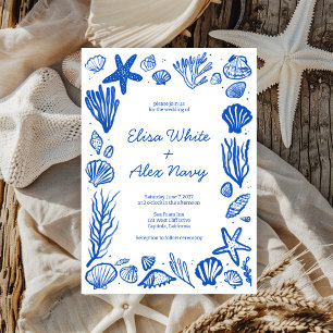 Seashells Ram Beach WedBlue ANPASSNINGSBAR Inbjudningar