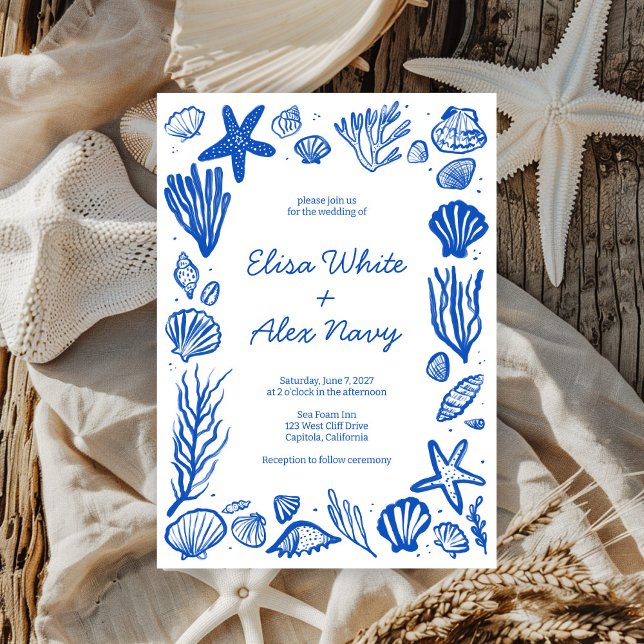 Seashells Ram Beach WedBlue ANPASSNINGSBAR Inbjudningar (Seashells Frame Beach Wedding Blue CUSTOM Invitation
)