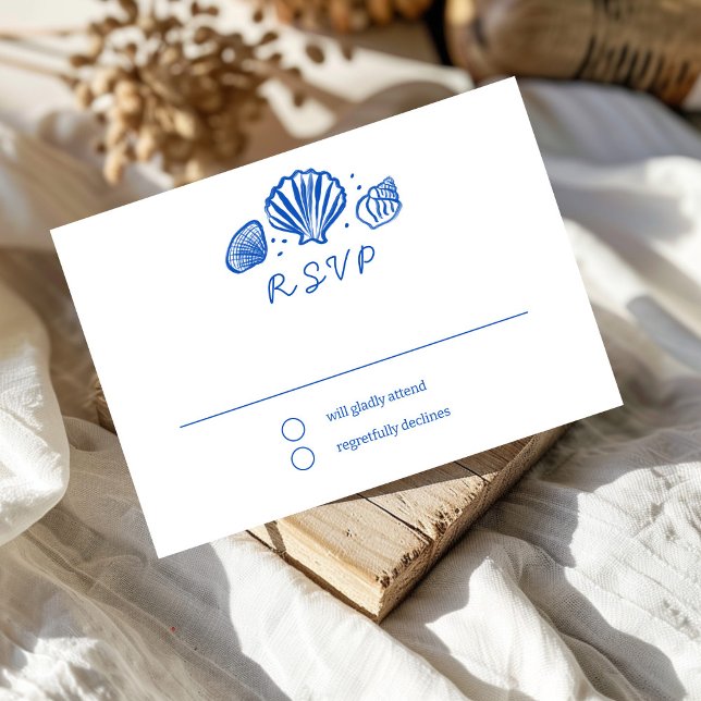 Seashells Ram Beach WedBlue ANPASSNINGSBAR OSA Kort (Seashells Frame Beach Wedding Blue CUSTOM RSVP Card
)