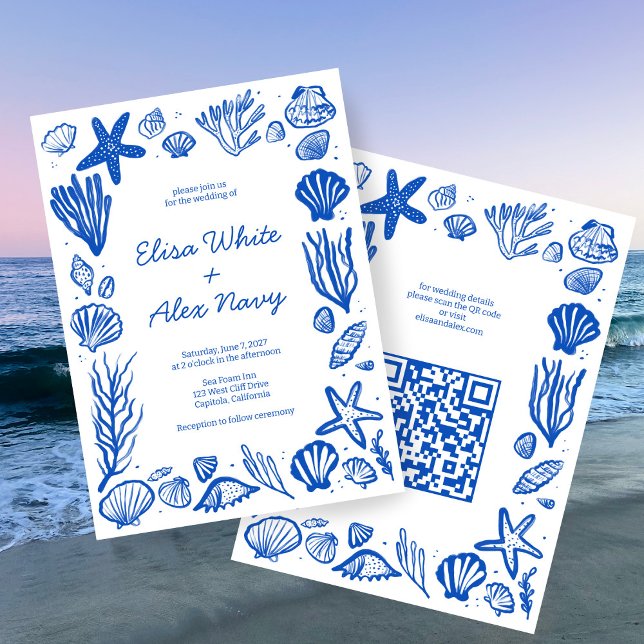 Seashells Ram Beach Wedding ANPASSNINGSBAR QR-kod Inbjudningar (Seashells Frame Beach Wedding Seaside Ocean CUSTOM QR Code Invitation
)