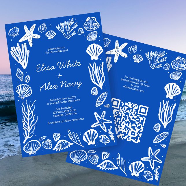 Seashells Ram Beach Wedding ANPASSNINGSBAR QR-kod Inbjudningar (Seashells Frame Beach Wedding CUSTOM QR Code Invitation
)