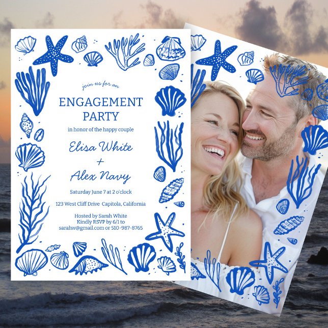 Seashells Ram Förlovning Beach ANPASSNINGSBAR PHOT Inbjudningar (Seashells Frame Engagement Beach CUSTOM PHOTO Invitation
)