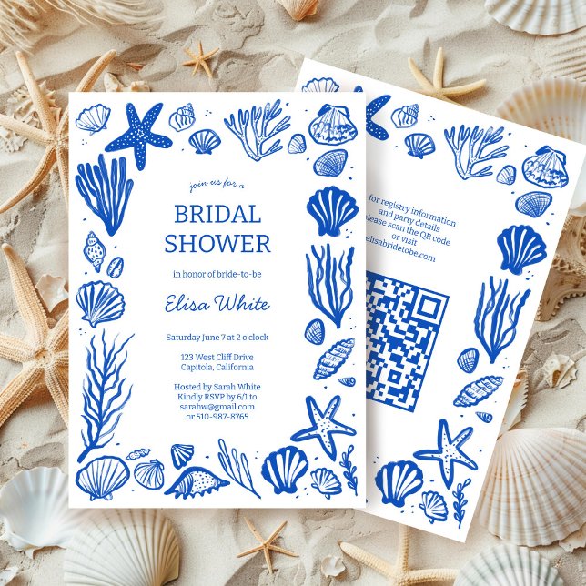 Seashells Ram Möhippa Blue Beach ANPASSNINGSBAR QR Inbjudningar (Seashells Frame Bridal Shower Blue Beach CUSTOM QR Code Invitation Summer Ocean Coast  Chic Elegant
)