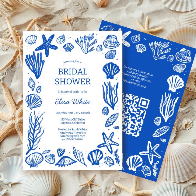 Seashells Ram Möhippa Blue Beach ANPASSNINGSBAR QR Inbjudningar (Seashells Frame Bridal Shower Blue Beach CUSTOM QR Code Invitation Summer Sea Coast Chic ELegant 
)