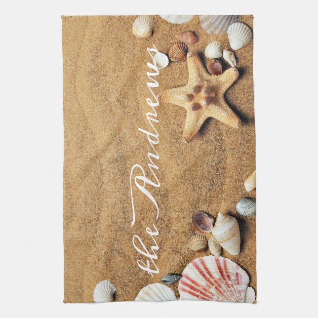 Seashells Sand Ocean Calligraphy Namn Kökshandduk (Vertikal)