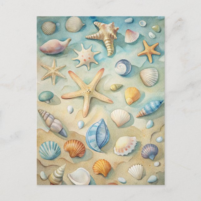 Seashells Starfish Coastal Beach Nautical Art Vykort (Framsida)