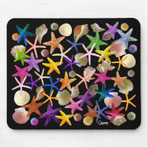 Seashells & Starfish on Black - Mouse Pad